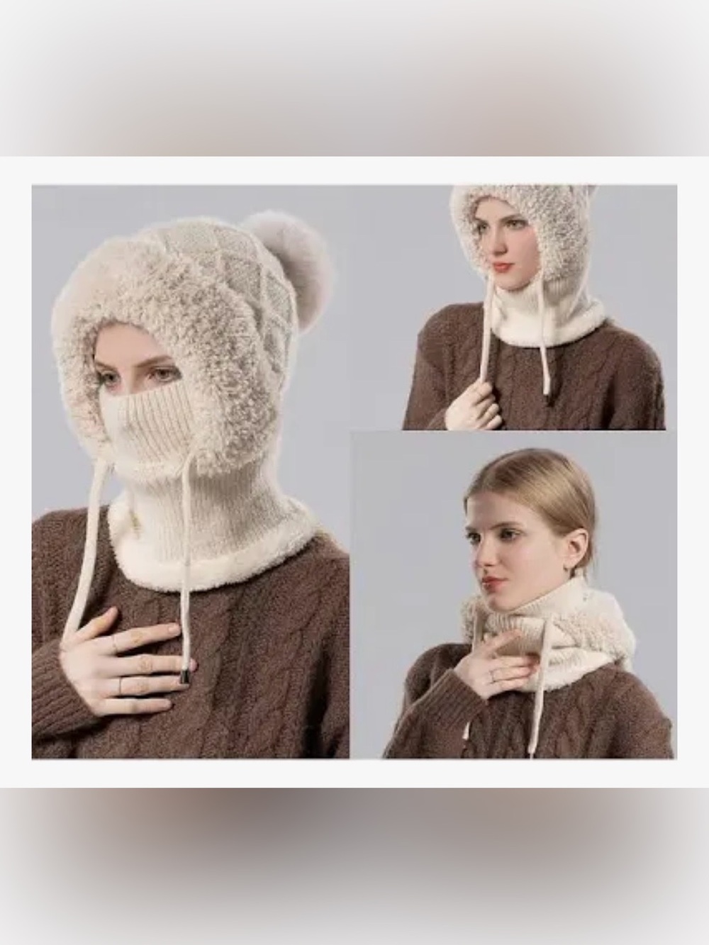 NWOT 🧣 VEGAN 3-in-1 CREAM BEIGE OFF-WHITE KNIT BEANIE/SCARF/FACE MASK COMBO HAT - Picture 3 of 13